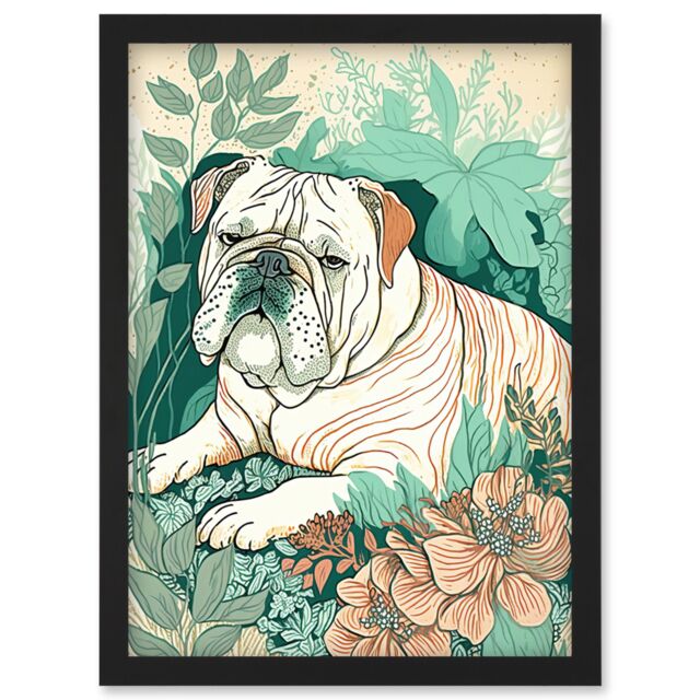 Artery8 Bulldog Lying in a Flower Field Modern Pastel Colour Linocut Illustration Artwork Framed Wall Art Print A4 in Black - image 1