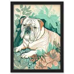 Artery8 Bulldog Lying in a Flower Field Modern Pastel Colour Linocut Illustration Artwork Framed Wall Art Print A4 in Black - thumbnail 1