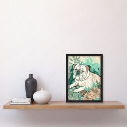 Artery8 Bulldog Lying in a Flower Field Modern Pastel Colour Linocut Illustration Artwork Framed Wall Art Print A4 in Black - thumbnail 2