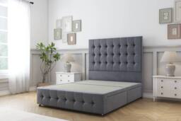 "Sloomy Berlin Plush Divan Bed Base 2 Drawers Foot-End With 26"" Strutted Headboard & 12"" Matching Footboard in Dark Grey - Size: Small Double" - thumbnail 1