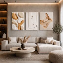 Mafett Set of 3 Beige Abstract Canvas Wall Art Modern Neutral Prints - Size: W59 cm x H84 cm - thumbnail 3