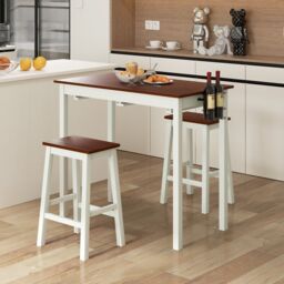 Costway 3Piece Bar Table Set Kitchen Counter Height Pub Table W/Bar Stools SpaceSaving in White - thumbnail 3