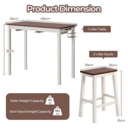 Costway 3Piece Bar Table Set Kitchen Counter Height Pub Table W/Bar Stools SpaceSaving in White - thumbnail 2