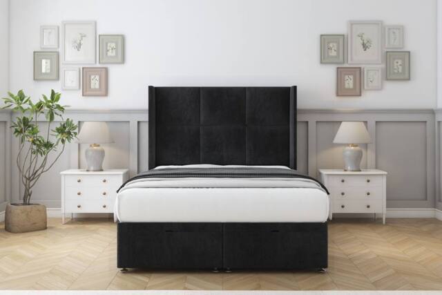 "Sloomy Beaumont Naples Ottoman Bed Base-54"" Wingback Headboard in Black - Size: Super King" - image 1