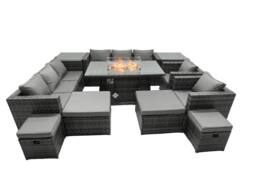 Fimous Rattan Garden Furniture Firepit Dining Set 12 Seater Lounge Sofa Table Set with 2 side table 2 big Footstool in Dark Grey - thumbnail 1