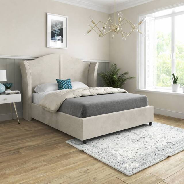 Casani Titchmarsh Curved Winged Beige Soft Velvet Designer Bed Frame in Cream - Size: Single - image 1