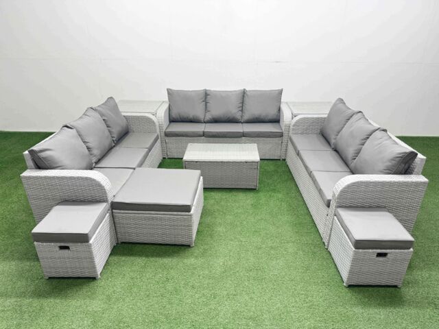 Fimous PE Rattan Lounge Sofa Set 12 Seater Outdoor Garden Furniture Set with Rectangular Coffee Table 3 Seater Sofa 3 Stools 2 Side Table Light Grey - image 1