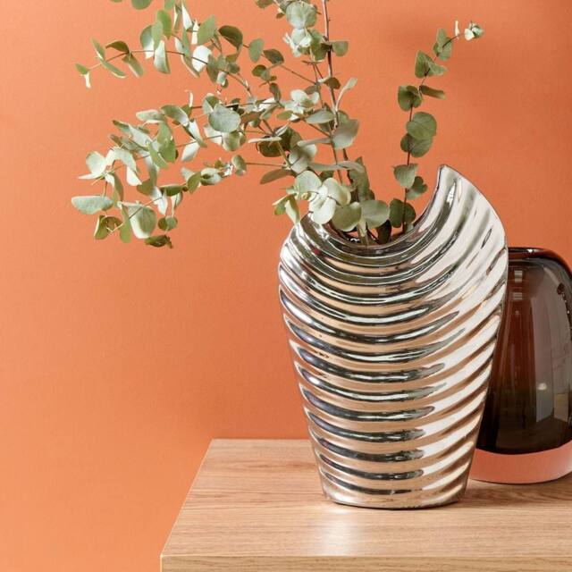 Wyld and Coco Silver Ribbed Stoneware Decorative Vase W20 x D10 x H26cm - image 1