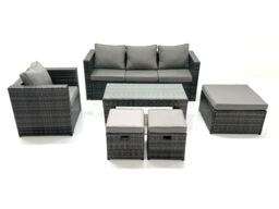 Fimous Rattan Garden Furniture Set Outdoor Lounger Sofa with Coffee Table Armchair 3 Footstools Dark Grey Mixed - thumbnail 2