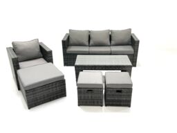 Fimous Rattan Garden Furniture Set Outdoor Lounger Sofa with Coffee Table Armchair 3 Footstools Dark Grey Mixed - thumbnail 1