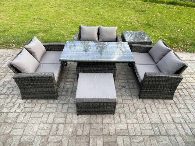Fimous 7 Seater Rattan Wicker Garden Furniture Patio Conservatory Sofa Set with Height Adjustable Rising Lifting Table Footstool in Dark Grey - image 1