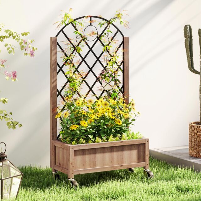 OUTSUNNY Wooden Raised Bed, Outdoor Planter Box w/ Metal Trellis in Brown - image 1