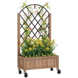 OUTSUNNY Wooden Raised Bed, Outdoor Planter Box w/ Metal Trellis in Brown - thumbnail 2