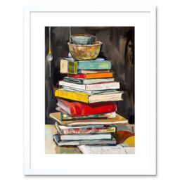 "Artery8 Wall Art Print A Stack of Recipe Cookbooks with Bowls on Top Artwork Framed 9X7 Inch in White - Size: W7"" x H9""" - thumbnail 1