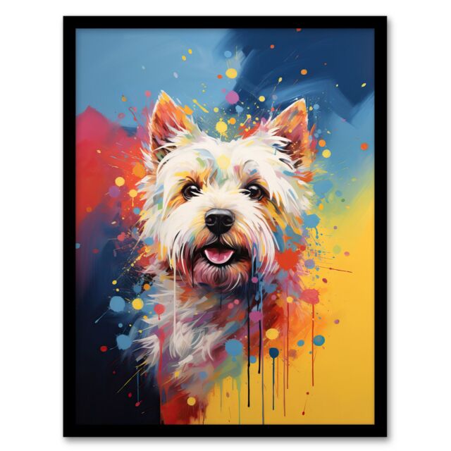 "Artery8 Wall Art Print West Highland Terrier Dog Lover Gift Pet Portrait Blue Yellow Orange Artwork Painting Art Framed - Size: W12"" x H16""" - image 1