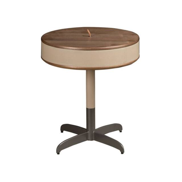 Angel Cerda Round Side Table by Walnut Veneer Mink Faux Leather Grey - image 1