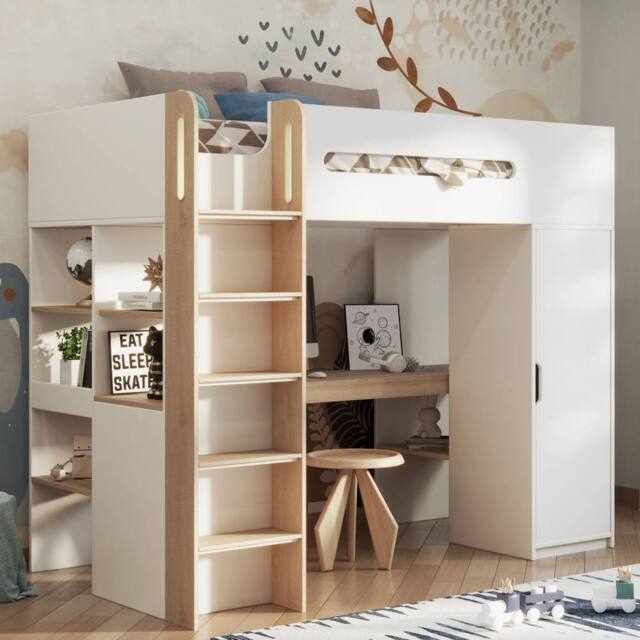 Bedzonline Babyfair High Sleeper With Wardrobe & Desk - Space-Saving Kids Bed With Study Area in White - Size: 3ft - image 1