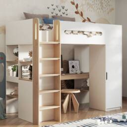 Bedzonline Babyfair High Sleeper With Wardrobe & Desk - Space-Saving Kids Bed With Study Area in White - Size: 3ft - thumbnail 1