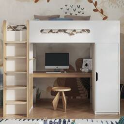 Bedzonline Babyfair High Sleeper With Wardrobe & Desk - Space-Saving Kids Bed With Study Area in White - Size: 3ft - thumbnail 2