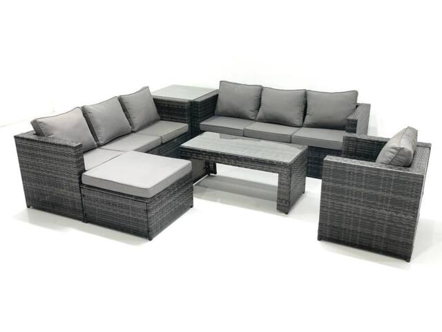 Fimous Rattan Garden Furniture Set Outdoor 8 Seater Patio Conversation Sets with Glass Top Coffee Table Side Table in Dark Grey - image 1