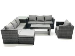 Fimous Rattan Garden Furniture Set Outdoor 8 Seater Patio Conversation Sets with Glass Top Coffee Table Side Table in Dark Grey - thumbnail 2