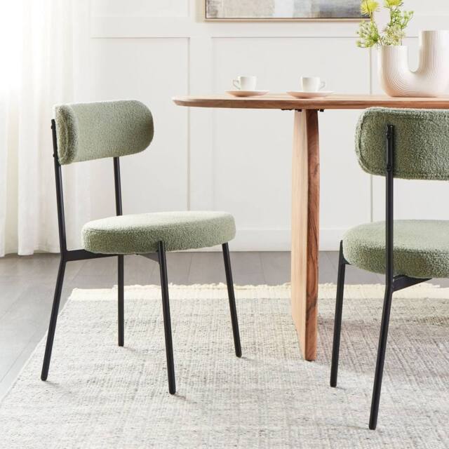 Wyld and Coco Light Green Bouclé Dining Chairs Set of 2 Black Steel Legs - image 1