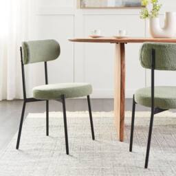Wyld and Coco Light Green Bouclé Dining Chairs Set of 2 Black Steel Legs