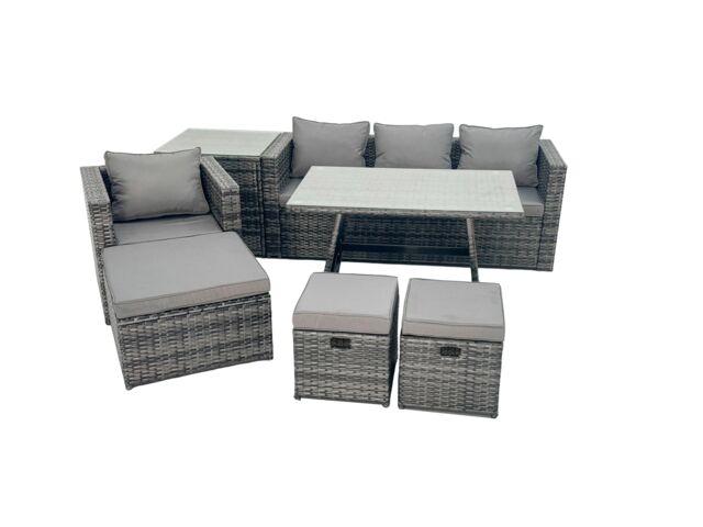 Fimous Rattan Dining Table Sofa Set with Side Table 3 Footstools Outdoor in Dark Grey - image 1