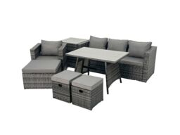 Fimous Rattan Dining Table Sofa Set with Side Table 3 Footstools Outdoor in Dark Grey - thumbnail 2