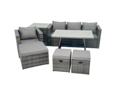 Fimous Rattan Dining Table Sofa Set with Side Table 3 Footstools Outdoor in Dark Grey - thumbnail 1