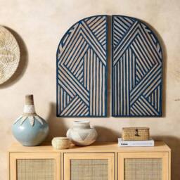 Wyld and Coco Window Shaped Wall Decor Dark Blue Lacquered Wood Carved Geometric
