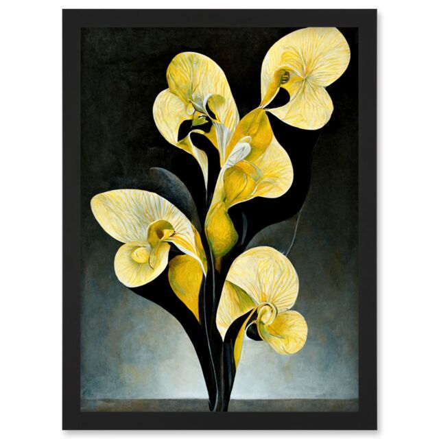 Artery8 Modern Abstract Black Yellow Orchid Flower Artwork Framed Wall Art Print A4 - image 1