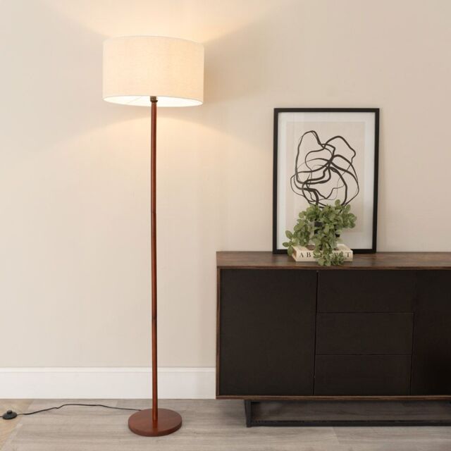 ValueLights Heather Dark Wood Single Stem Floor Lamp with Natural Drum Lamp Shade in White - image 1