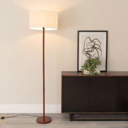 ValueLights Heather Dark Wood Single Stem Floor Lamp with Natural Drum Lamp Shade in White - thumbnail 1