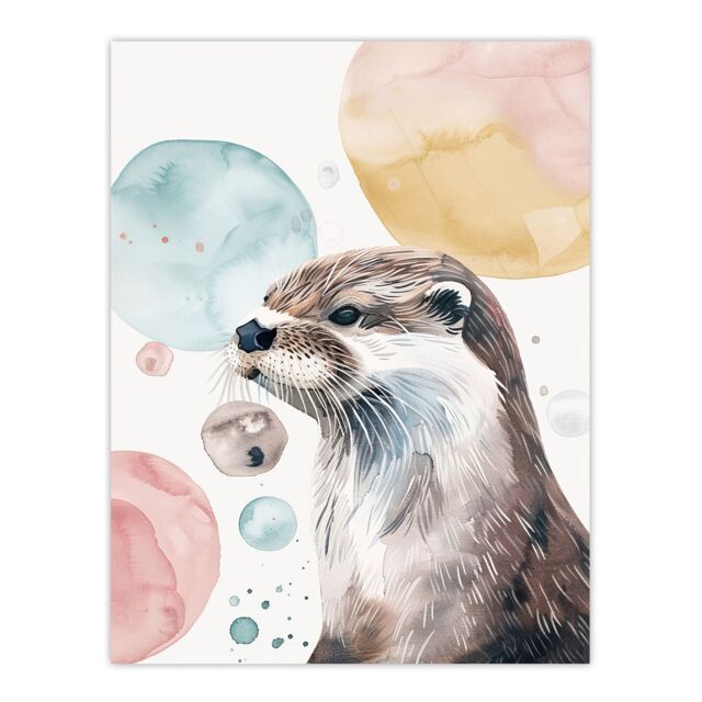 "Artery8 Cute Otter Portrait Modern Watercolour Bubbles Wall Art Print - Size: W24"" x H32""" - image 1