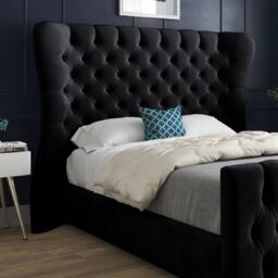 KDMD Lika Wide Curved Winged Upholstered Soft Velvet Designer Bed Frame in Black - Size: Super King - thumbnail 3