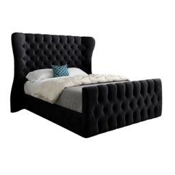 KDMD Lika Wide Curved Winged Upholstered Soft Velvet Designer Bed Frame in Black - Size: Super King