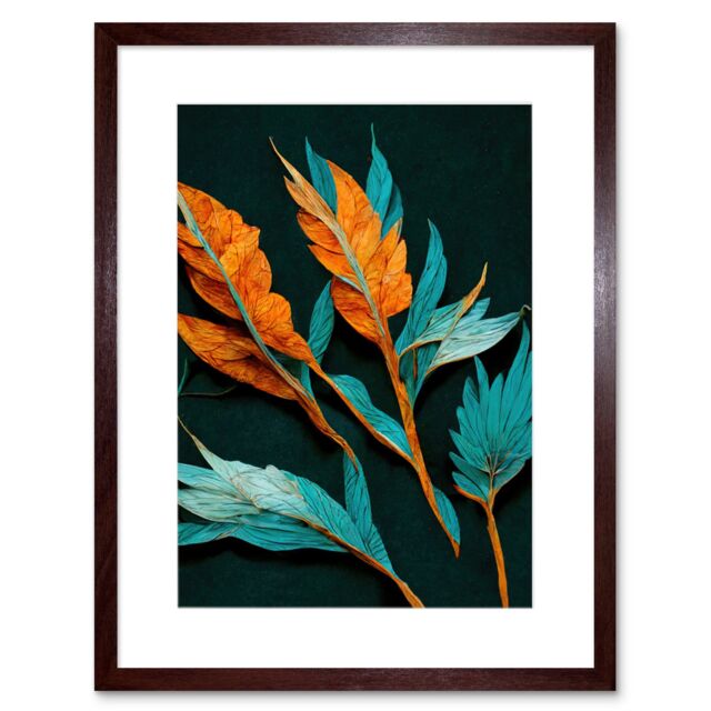 "Artery8 Wall Art Print Striking Modern Bright Teal & Orange Detailed Dried Leaves on Black Artwork Framed 9X7 Inch in Brown - Size: W7"" x H9""" - image 1