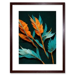 "Artery8 Wall Art Print Striking Modern Bright Teal & Orange Detailed Dried Leaves on Black Artwork Framed 9X7 Inch in Brown - Size: W7"" x H9""" - thumbnail 1