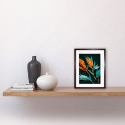 "Artery8 Wall Art Print Striking Modern Bright Teal & Orange Detailed Dried Leaves on Black Artwork Framed 9X7 Inch in Brown - Size: W7"" x H9""" - thumbnail 2
