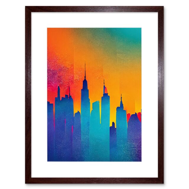 "Artery8 Wall Art Print Modern Abstract Warm Bright Colourful New York Sunset Skyline Artwork Framed 9X7 Inch in Brown - Size: W7"" x H9""" - image 1