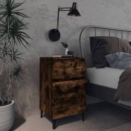 Berkfield Home Bed Cabinet with Metal Legs Smoked Oak 40x35x69 cm in Brown - Size: 40 x 35 x 69 cm - thumbnail 2