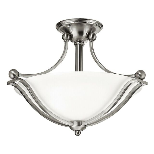 Loops 2 Bulb Semi Flush Light Bell Shaped Glass Sweeping Arms Nickel LED E27 100W in Metallics