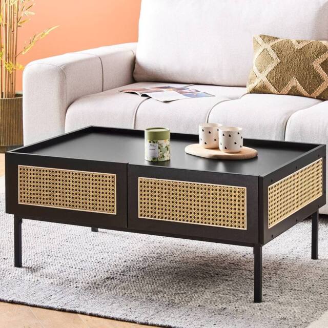 Wyld and Coco Viennese Braid Coffee Table Black Wood Top Iron Rattan Drawers - image 1