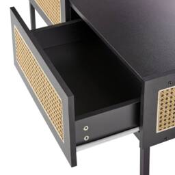 Wyld and Coco Viennese Braid Coffee Table Black Wood Top Iron Rattan Drawers - thumbnail 7