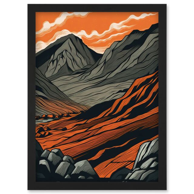 Artery8 Scafell Pike Mountain Landscape in Amber & Grey Artwork Framed Wall Art Print A4 in Black - image 1