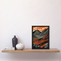 Artery8 Scafell Pike Mountain Landscape in Amber & Grey Artwork Framed Wall Art Print A4 in Black - thumbnail 2