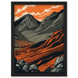 Artery8 Scafell Pike Mountain Landscape in Amber & Grey Artwork Framed Wall Art Print A4 in Black - thumbnail 1