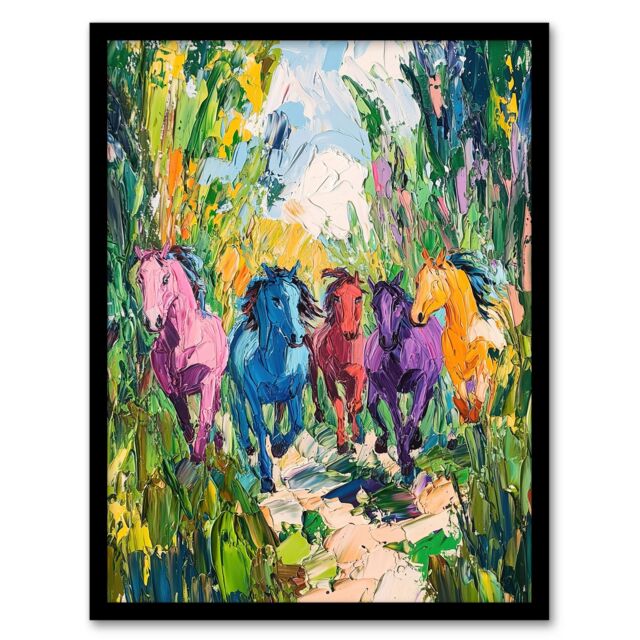 "Artery8 Colourful Horses Running Through Forest Abstract Framed Art Print in Green - Size: W12"" x H16""" - image 1