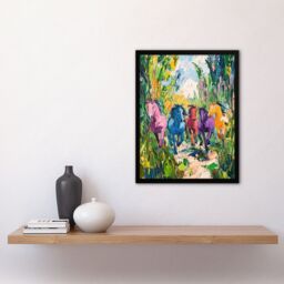 "Artery8 Colourful Horses Running Through Forest Abstract Framed Art Print in Green - Size: W12"" x H16""" - thumbnail 4